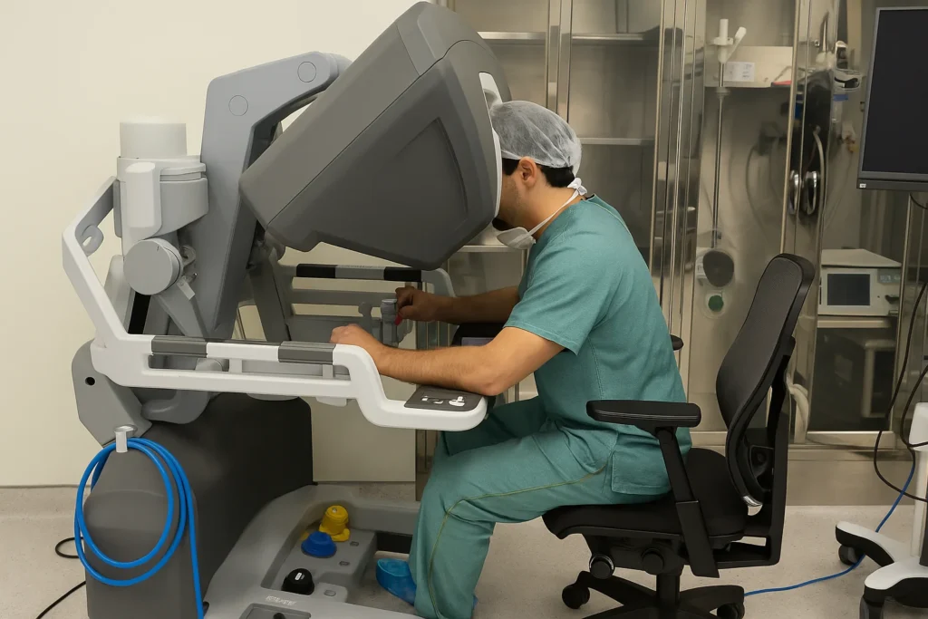 Cirurgião utilizando sistema de videolaparoscopia para realizar procedimento minimamente invasivo.